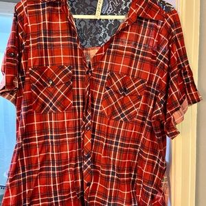 Very cute plaid shirt with lace insert